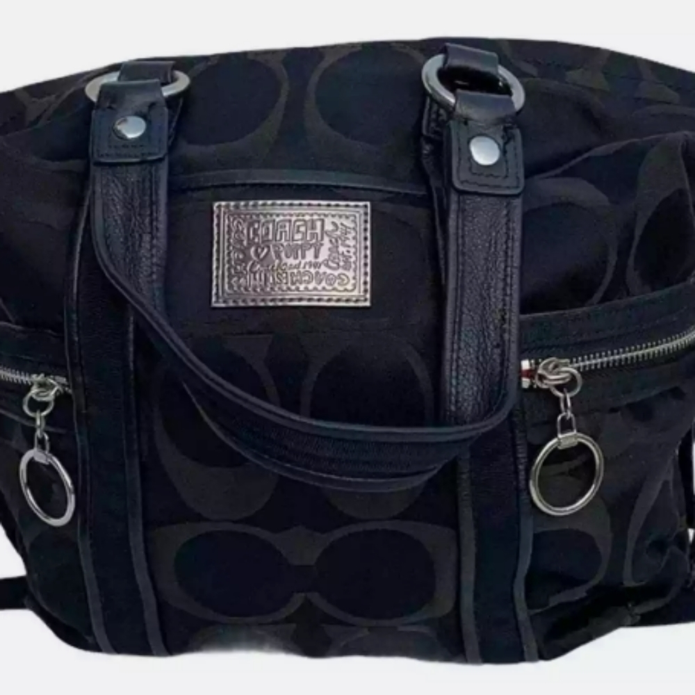 Coach Poppy Black Signature Satin Leather Trim Double Handle Satchel Crossbody